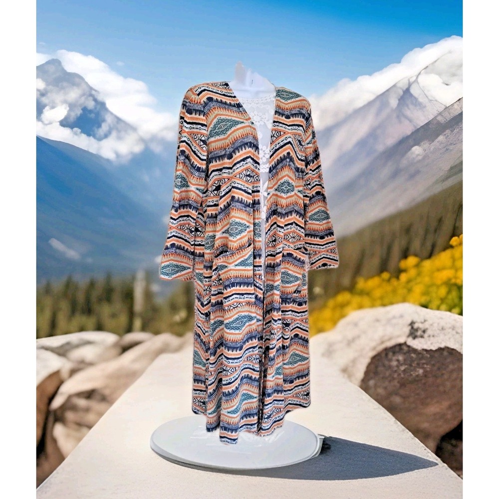 LuLaRoe Long‎ Sweater Duster Aztec Tribal Print Open Front Ribbed Knit Pockets